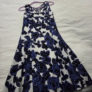 Adrianna Papell Floral Eyelet Midi Strappy Dress Blue White Women's Size 8‎